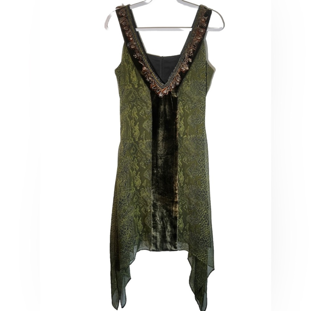 Anna Trzbinski Patterned Green Dress with Beaded/Feathered Collar Size UK 12